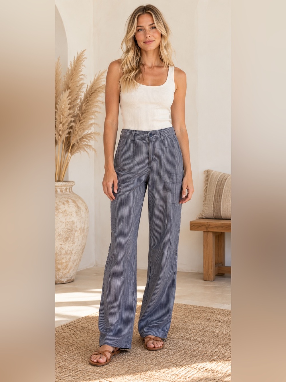 Gap Hip Slung Flared Leg Blue and White Striped Pants
